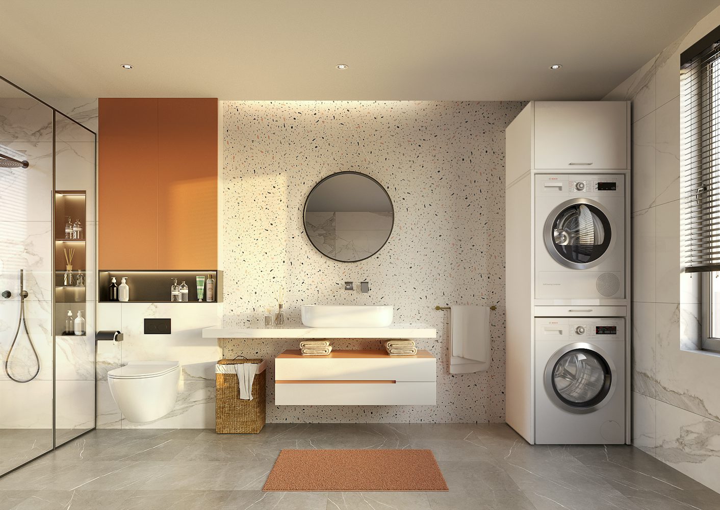 Witte wasmachine kast in badkamer met droger witte wasmachine kast in badkamer. Het ideale wasmeubel met opbergkasten, beschermd tegen vocht. Zowel voor wasmachine als droger.